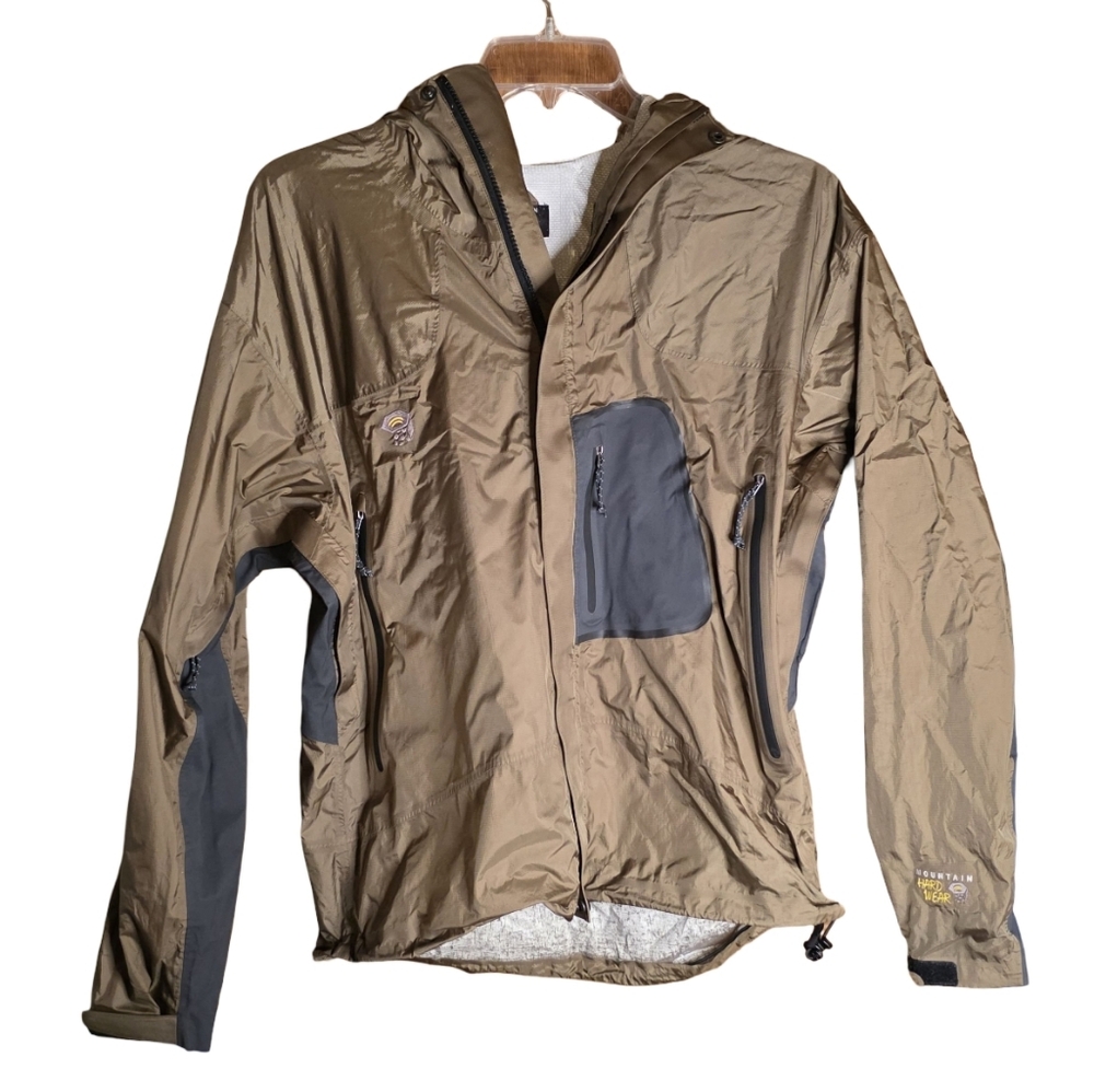 Mountain Hardwear Men’s M Hooded Nylon Jacket Brown Gray Zip Pockets Trail Wear
